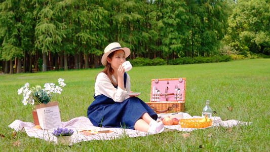 草地上野餐喝咖啡的女青年[野餐盒]视频