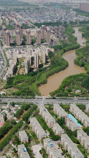 航拍宁夏银川住宅楼与穿城而过的黄河居民楼21秒视频