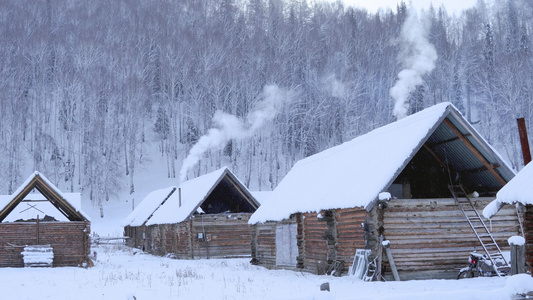 冬季东北新疆禾木村炊烟袅袅小木屋视频