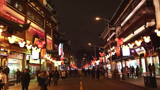 上海豫园春节夜晚街道人流延时视频