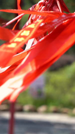挂起来的祈福红丝带随风飘扬太阳照射下的红丝带16秒视频