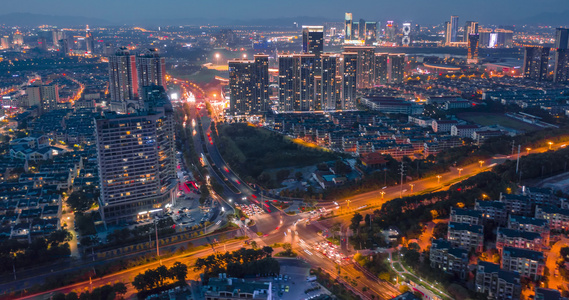 义乌城市道路交通夜景车流风光航拍延时视频