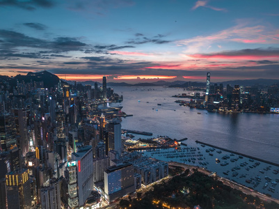 香港维多利亚港晚霞夜景航拍延时视频