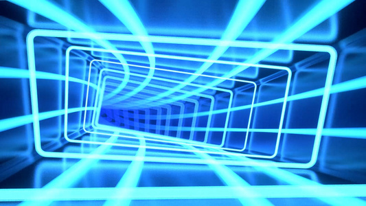 蓝色霓虹灯光隧道穿梭迷幻三维场景循环动画视频