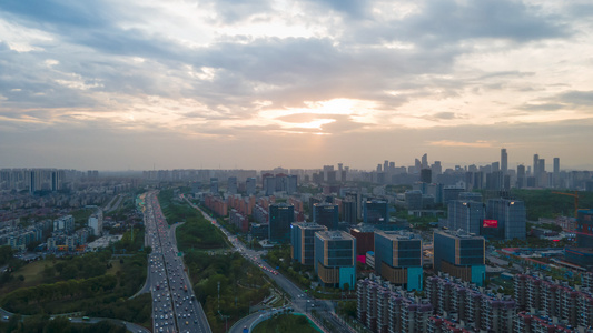 8k航拍延时南京雨花软件谷夕阳视频