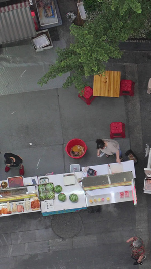 航拍城市街头美食小吃摊休闲娱乐逛街素材城市素材57秒视频