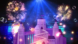 4K夜景梦幻城堡粒子烟花放射背景视频28秒视频
