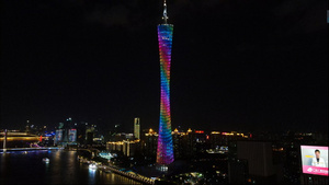 4k高清航拍广州珠江一侧小蛮腰广州塔城市夜景56秒视频