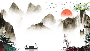中国风水墨船视频动画背景30秒视频