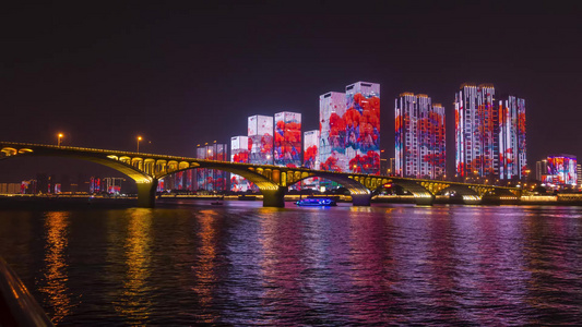 湖南长沙市地标建筑湘江夜景灯光秀延时摄影视频