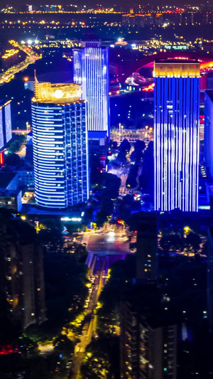 南京河西CBD夜景航拍建筑群6秒视频