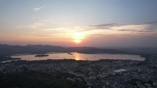 浙江杭州西湖日落晚霞夕阳航拍视频