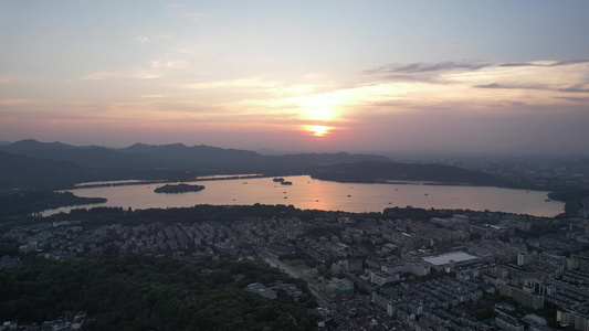 浙江杭州西湖日落晚霞夕阳航拍视频