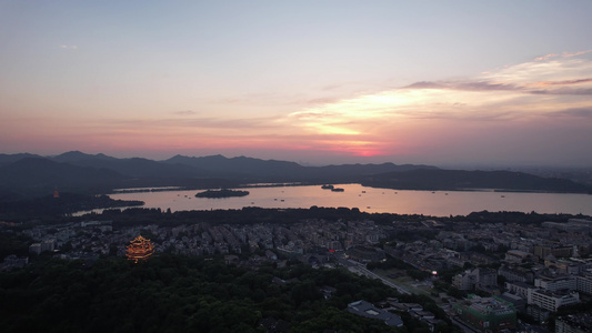 浙江杭州西湖日落晚霞夕阳航拍视频