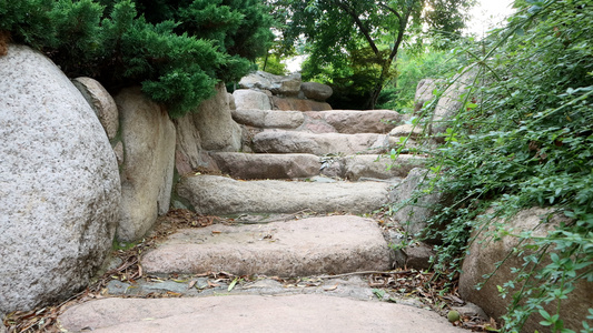 公园的用天然的大石块石头铺的台阶石阶路视频