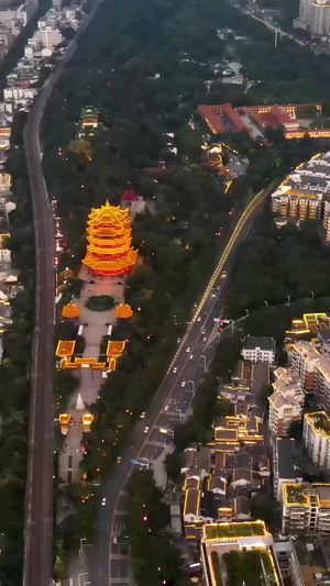 航拍华灯初上的城市夜景和黄鹤楼34秒视频