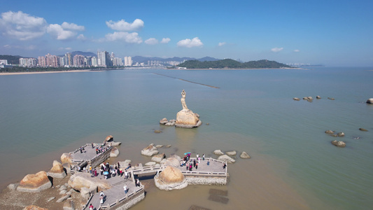 广东珠海渔女雕像地标建筑航拍视频