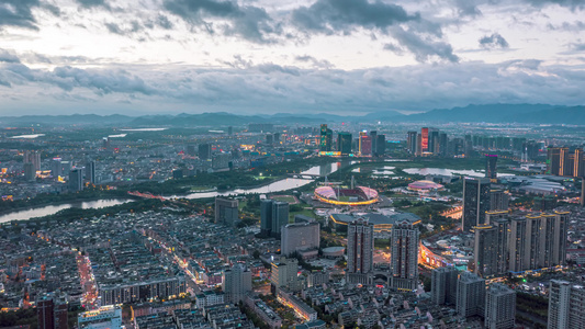 浙江义乌城市夜景航拍延时摄影视频