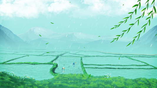 卡通墨绿乡间农田细雨柳条谷雨背景视频