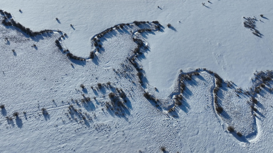 俯拍冬季雪原丛林河流蜿蜒视频