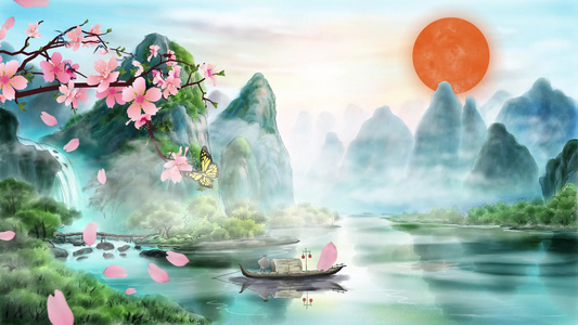 唯美山水樱花画中国风背景视频