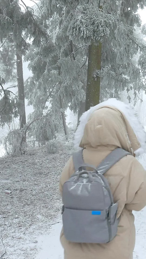 行走在庐山景区树林雪地里的女生冷空气10秒视频