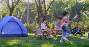 一家四口在露营地野餐孩子奔跑打闹24秒视频