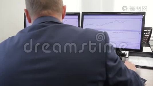 他的两台电脑显示器上的价格是由金融分析公司仔细研究的。视频