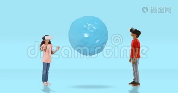 男孩和女孩使用虚拟现实耳机与数字生成的旅行图标4k视频