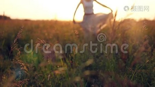 年轻女子在稻草中享受大自然和阳光视频