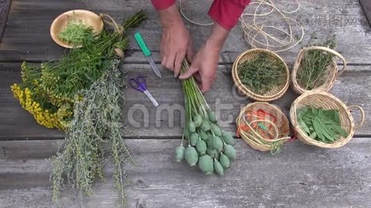 草药师园丁手准备干草药和香料视频