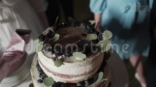婚礼派对上的结婚蛋糕。视频