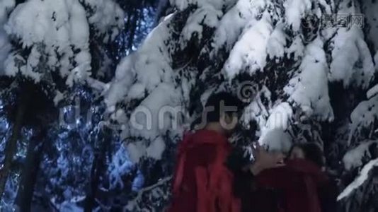 穿着红色服装的可爱的男女在白雪皑皑的冬木中玩得很开心视频