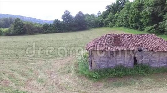 在草地森林旁的废弃小屋旁飞行视频