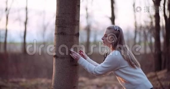 女人用听诊器检查森林里的一棵树视频