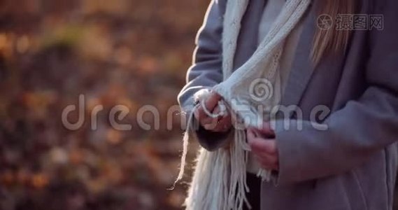 秋天积极女性在树林中散步的肖像视频