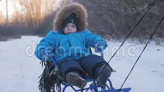 父母在冬天带着快乐的小男孩在雪橇上。 幼儿玩雪橇。 家庭圣诞节的户外乐趣视频