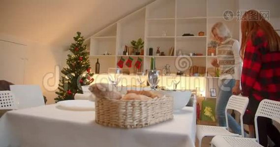 大白鲨一家人坐在圣诞餐桌旁，晚餐时，他们一起欢乐，微笑，交谈，回家安慰视频