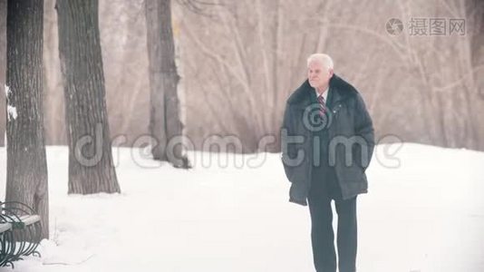 一位白发苍苍的老人在下雪的时候在雪地公园散步视频