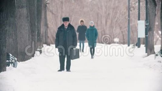 一个拿着袋子在雪地公园散步的老人视频