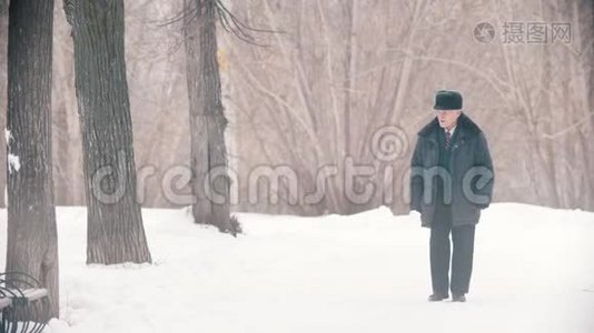 下雪的时候，一位老人在雪地公园里散步视频
