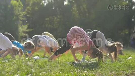 参加公园外瑜伽课的大人和小孩视频