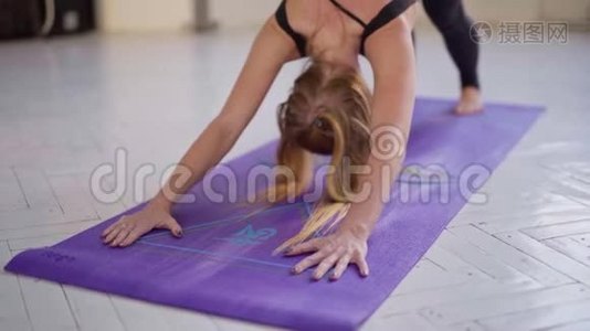 穿黑色运动服的灵活健身女子练习瑜伽，站在面向狗的俯下姿势，乌尔德瓦穆卡视频
