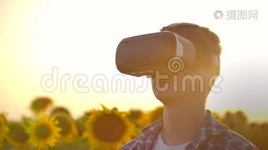 一个进步的现代农民在一个领域向日葵使用VR技术。 模拟应用程序`用户界面视频