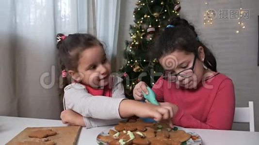 小孩子在圣诞树的背景上用奶油装饰圣诞姜饼饼干。 圣诞节视频