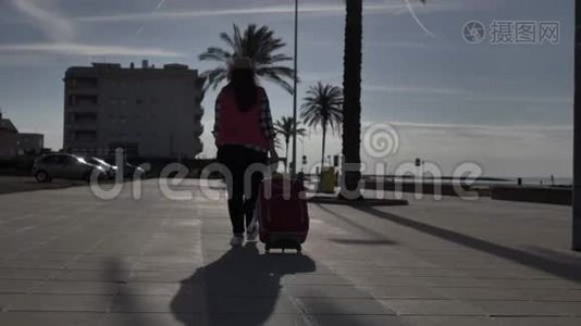女游客带着一个手提箱沿着长廊走视频