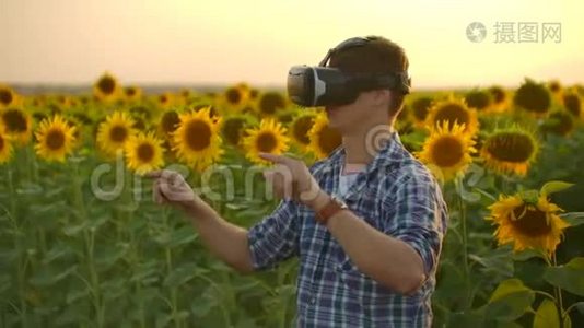 生物学家在日落时分用VR眼镜工作视频