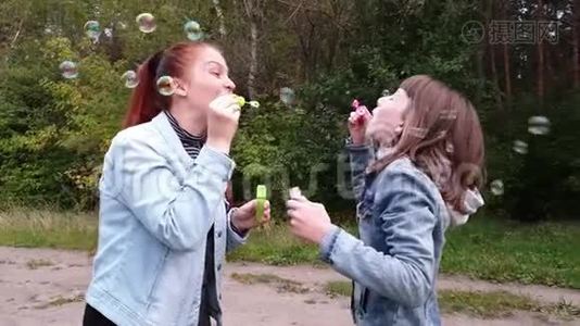 一个年轻的女人和她的女儿在一个夏天的晚上在公园里吹泡泡，妈妈`天。 家庭关系视频