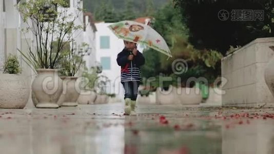 一个穿着橡胶靴的孩子在雨中手里拿着喇叭走路视频