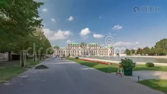 奥地利维也纳贝尔维德宫，带美丽的花卉花园timelapse hyperlapse视频